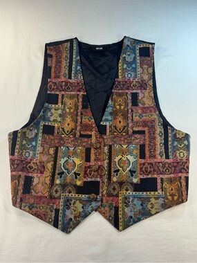 Vintage 90s PASTA Women’s Multicolor Patchwork Tapestry Vest Best Fit Size M